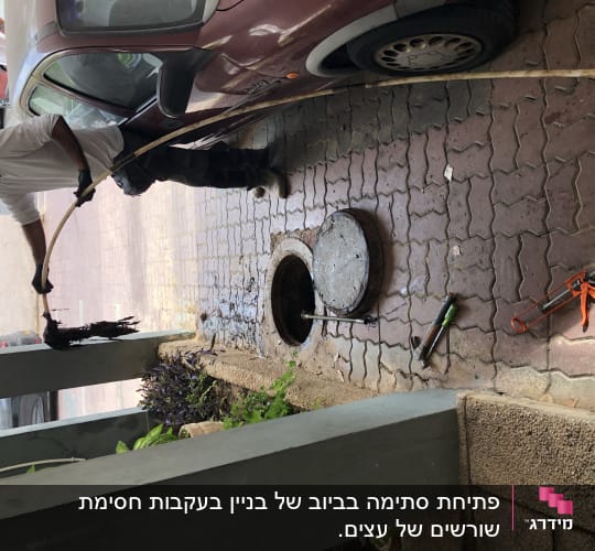 אדם מנקה ביוב עם מוט וכלים על הקרקע